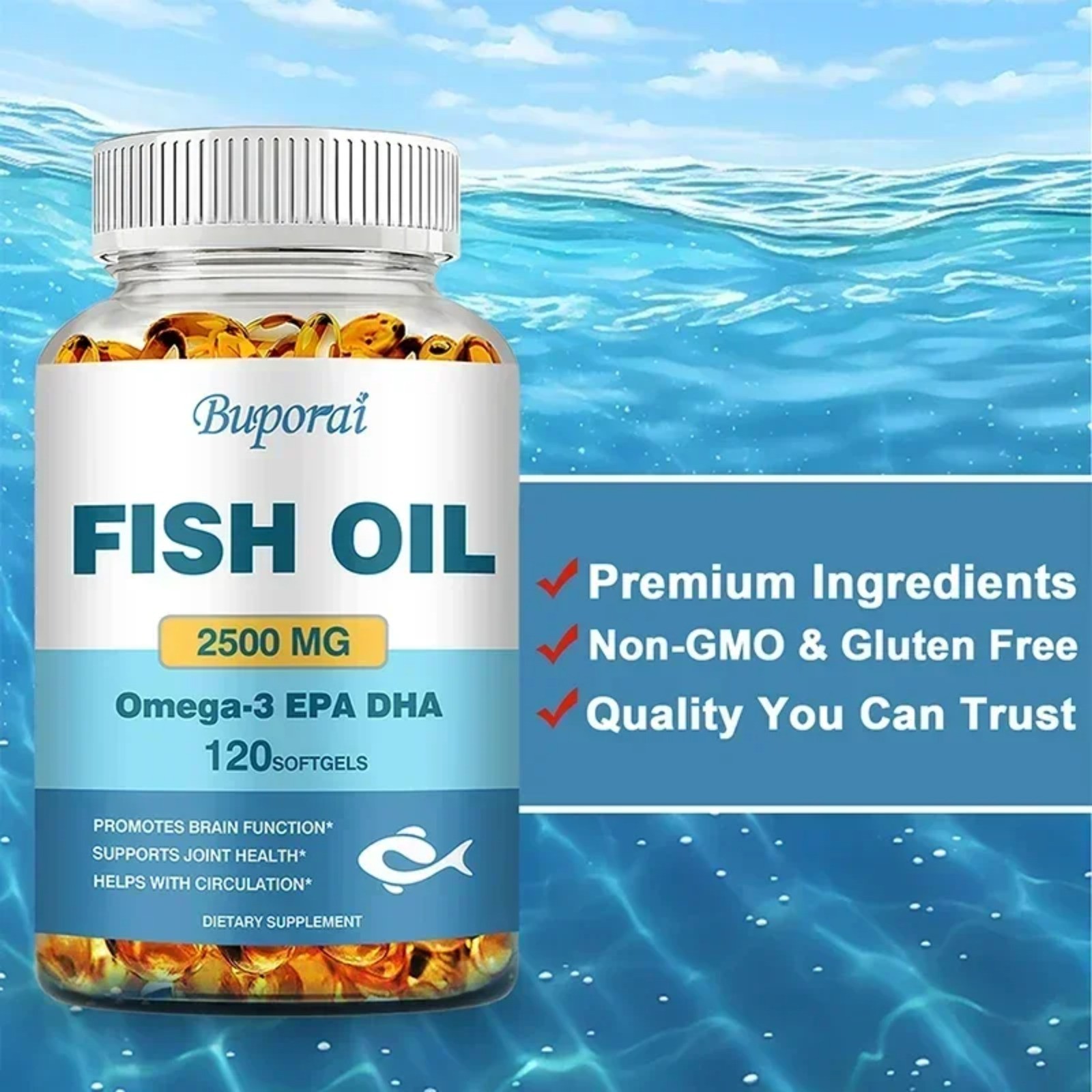 Fish Oil 120pcs – Support Brain & Cardiovascular & Skin Health, Antioxidant