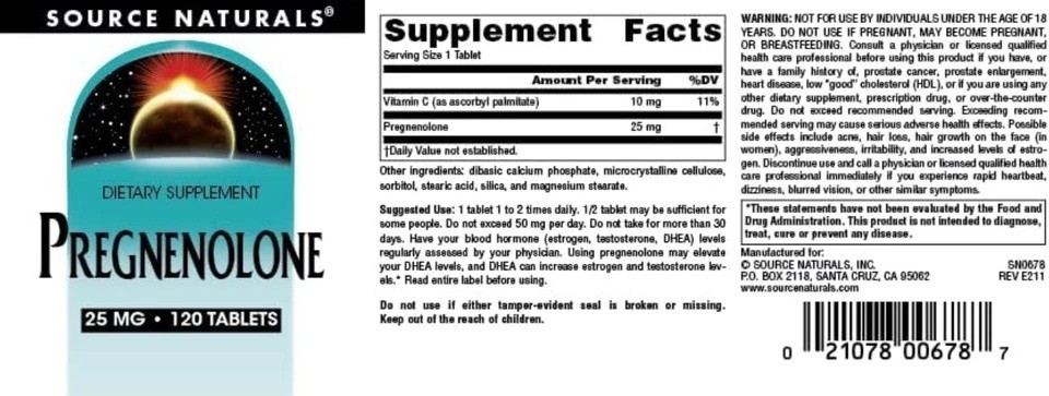 Source Naturals Pregnenolone 25Mg – 120 Tablets 11/2028 EXPIRATION