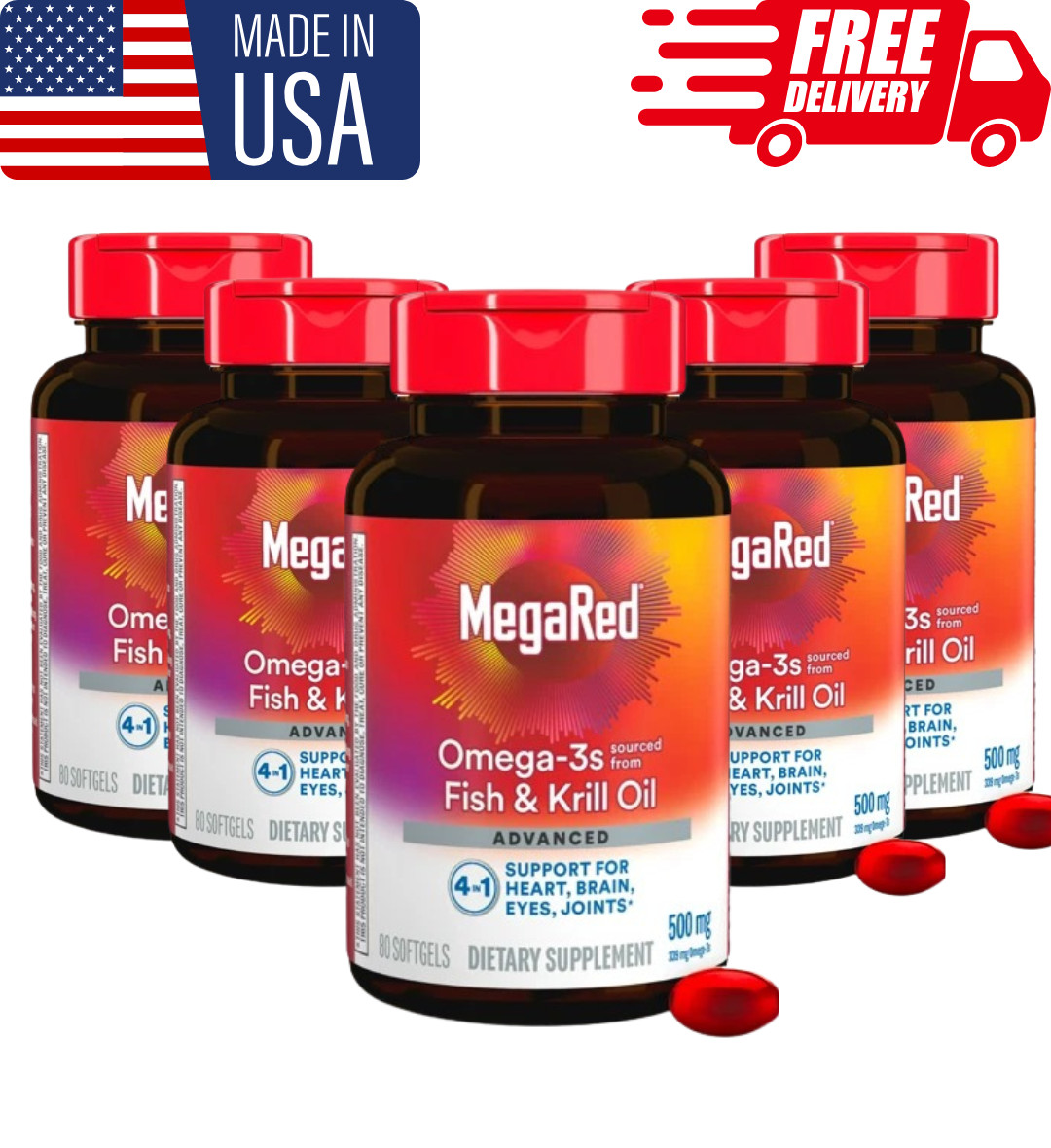pack of 5 MegaRed Advanced Omega-3 500mg – 80 Softgels – Heart & Joint Support