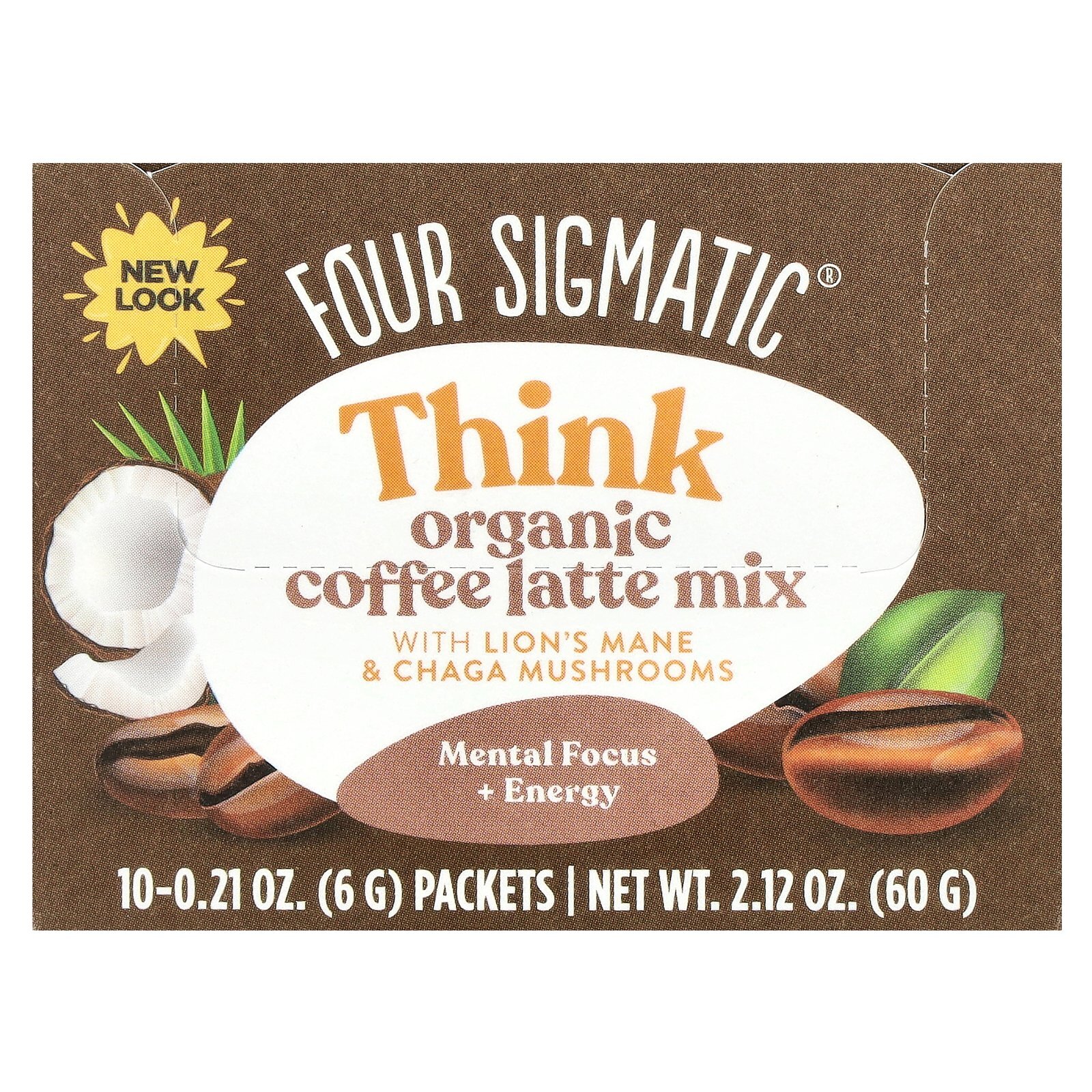 Think, Organic Coffee Latte Mix with Lion’s Mane & Chaga Mushrooms, 10 Packets,