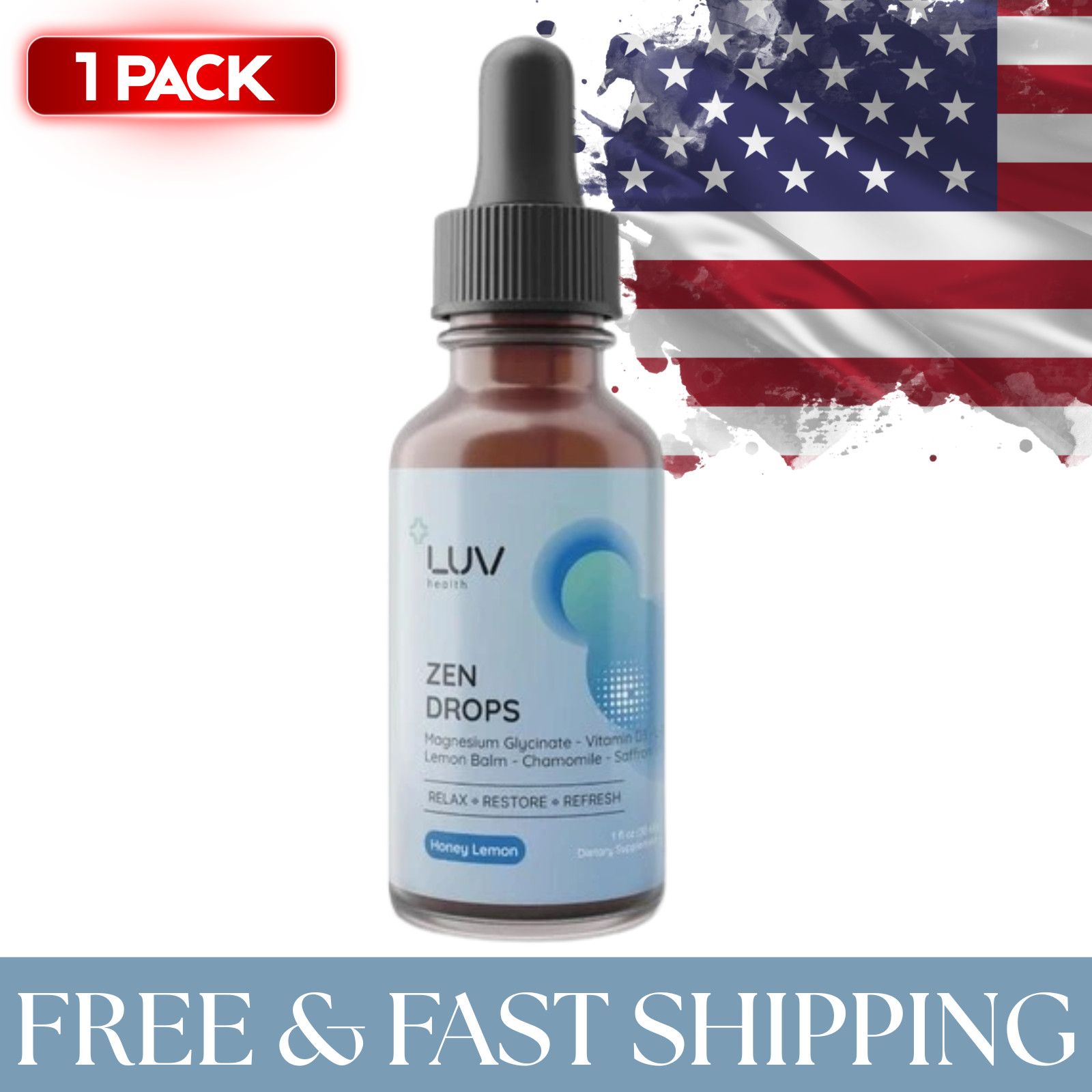 Zen LUV Drops Stress Support with Magnesium Glycinate and Lemon BalM 1 PACK.