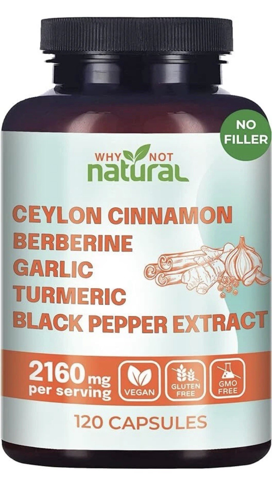 Why Not Natural Organic Ceylon Cinnamon Garlic Berberine 2160mg 120 Caps/Turmer