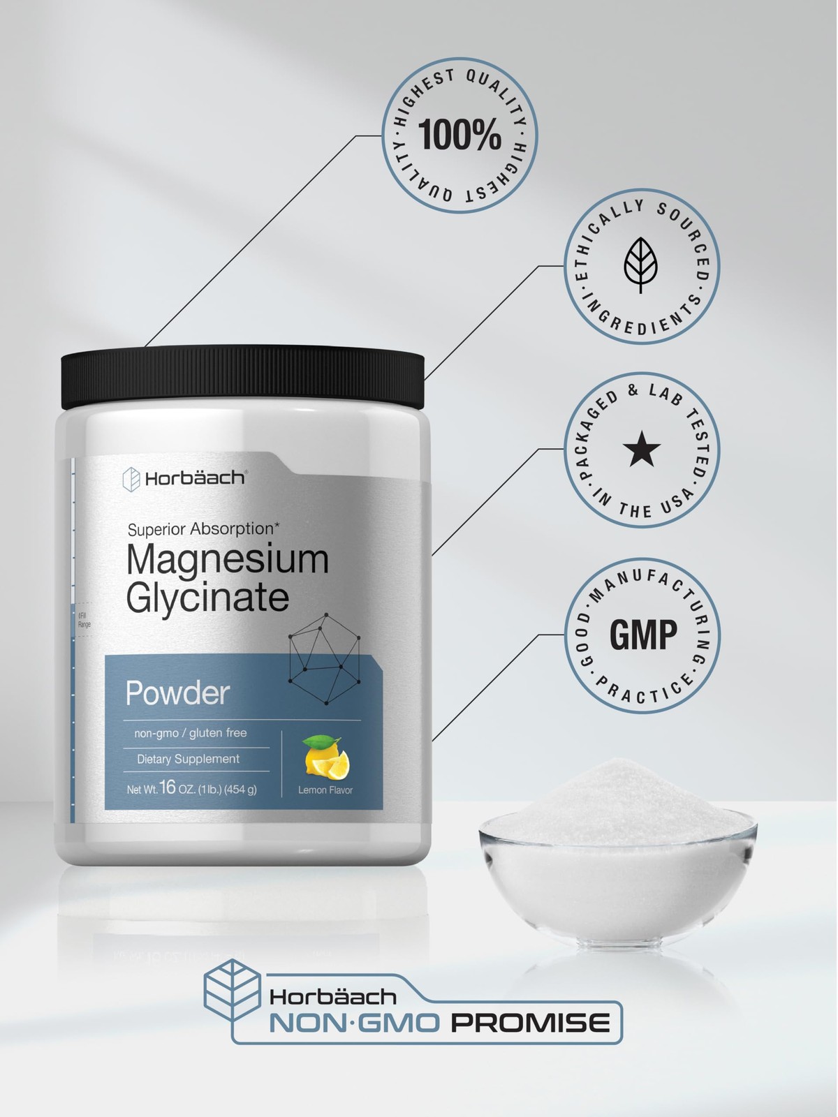 Horbäach Horbach Magnesium Glycinate Powder 1 Lb Lemon Flavored Superior