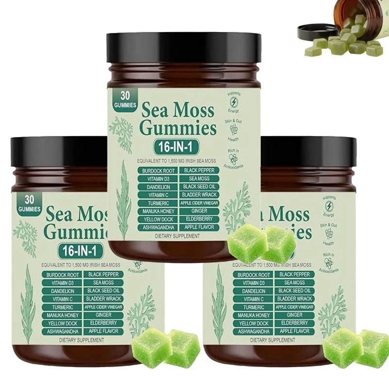 16 in 1 Organic Sea Moss Gummy | Irishmoss Extract 6000Mg | Green Apple Flavor