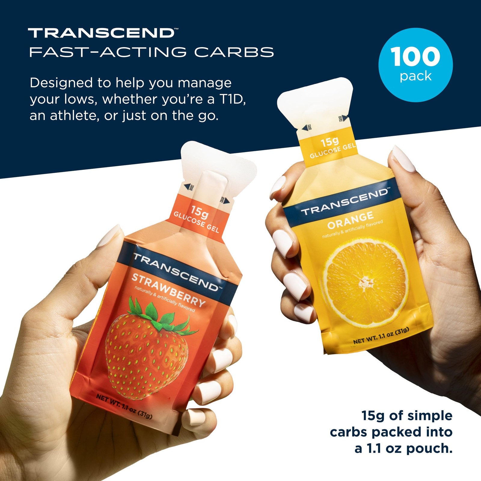 Transcend Foods Strawberry + Orange Gels (1.1 oz, Pack of 100) Fast-Acting Ca…