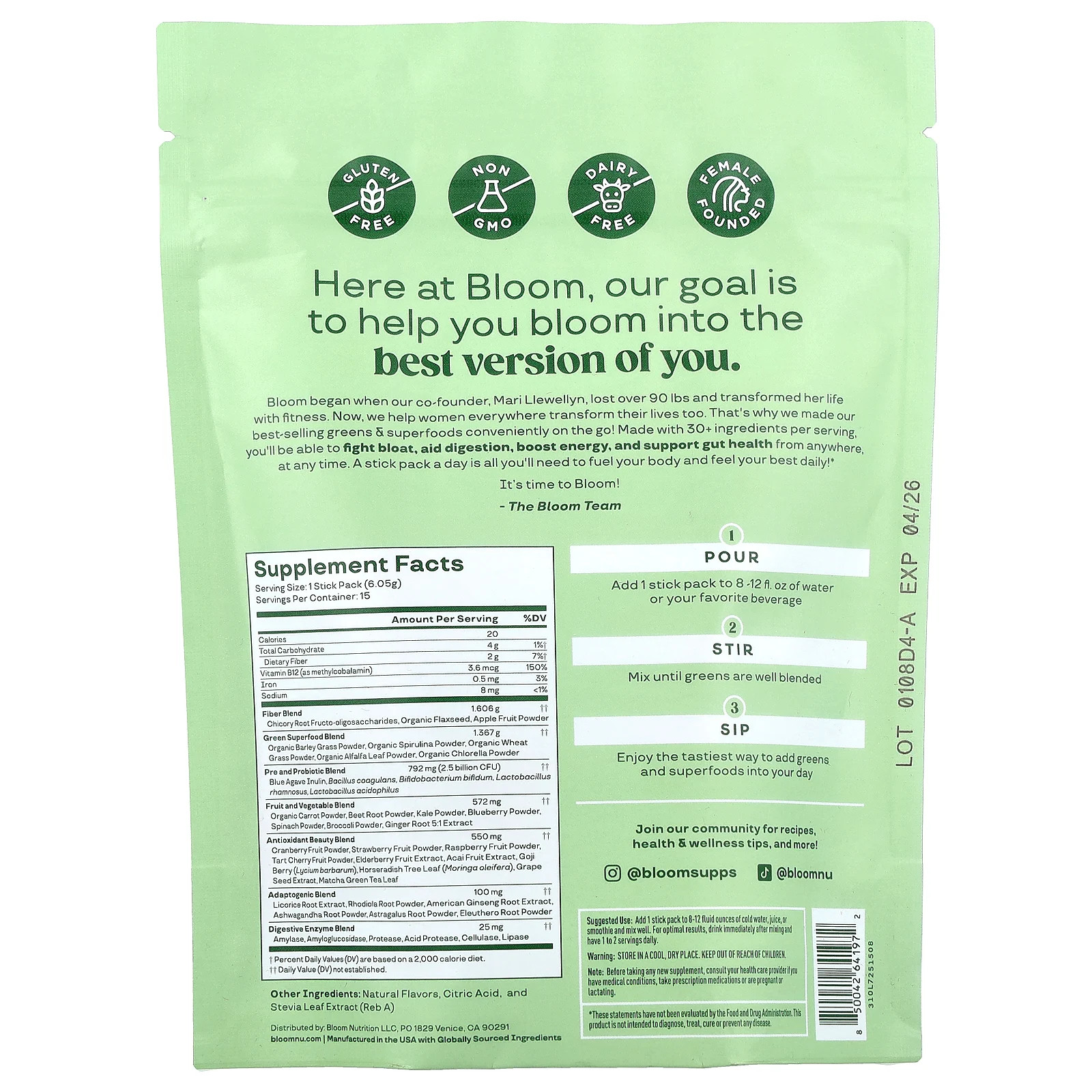 Greens & Superfoods, Strawberry Kiwi, 15 Stick Packs, 0.21 oz (6.05 g) Each