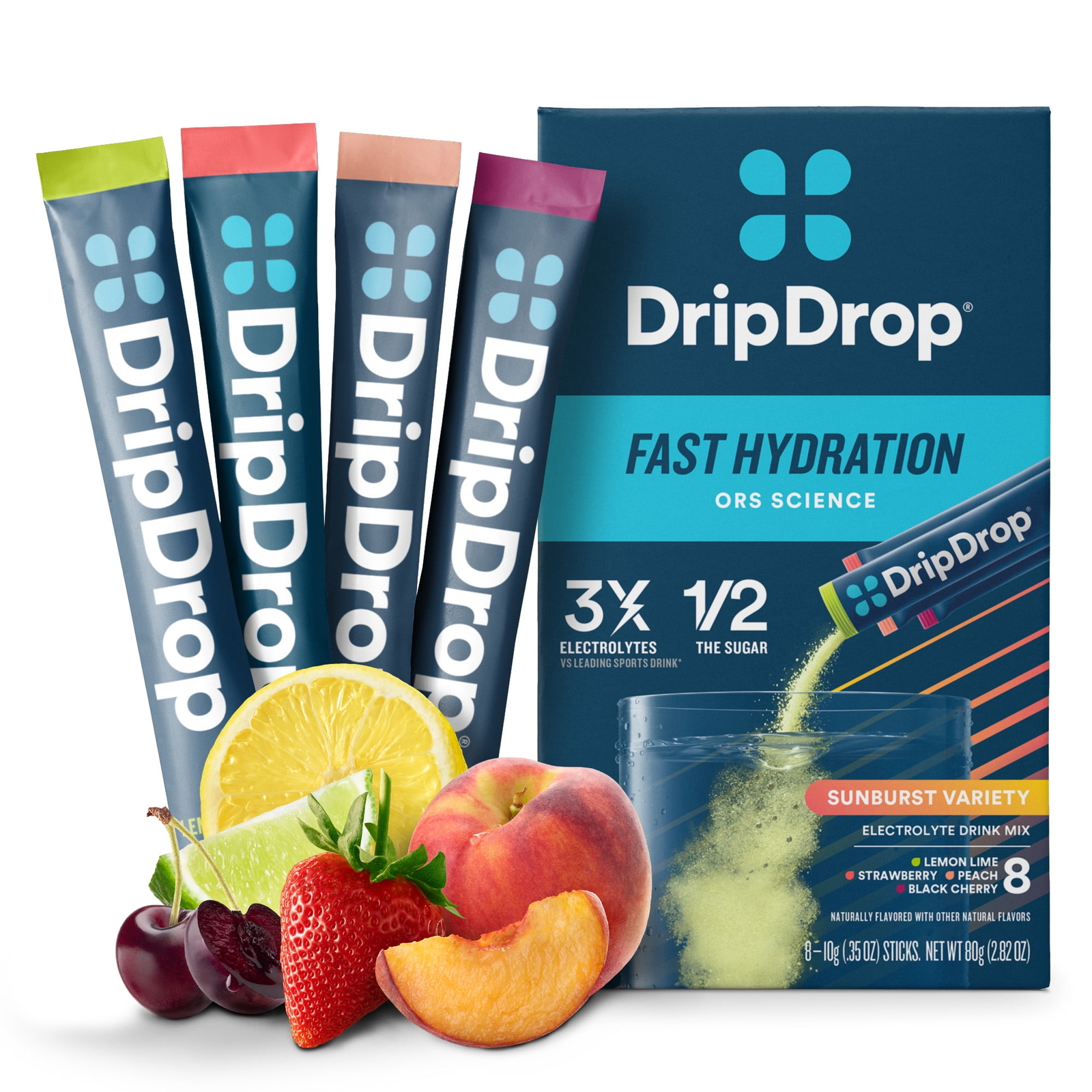 DripDrop Sunburst Electrolyte Powder Mix, Lemon Lime, Strawberry, Peach, Cherry