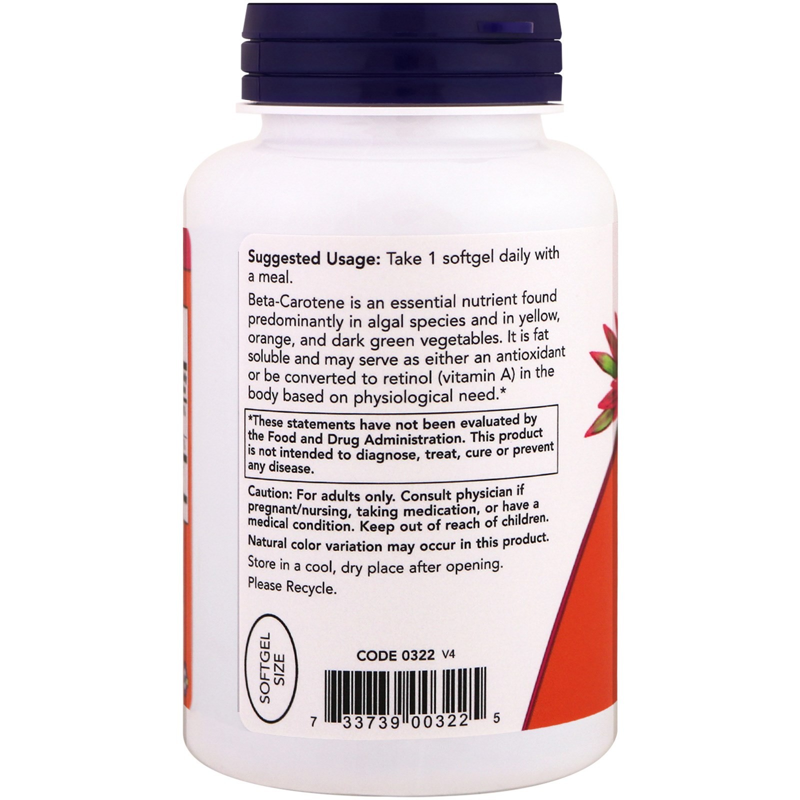 Now Foods Natural Beta Carotene 25 000 IU 180 Softgels GMP Quality Assured