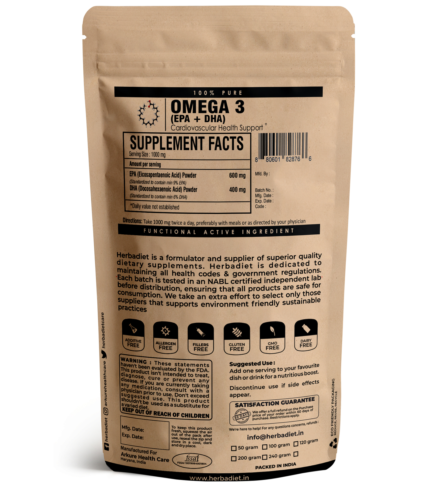 Fish Oil Powder Omega 3 High Strength DHA EPA Fatty Acid Heart Health Support