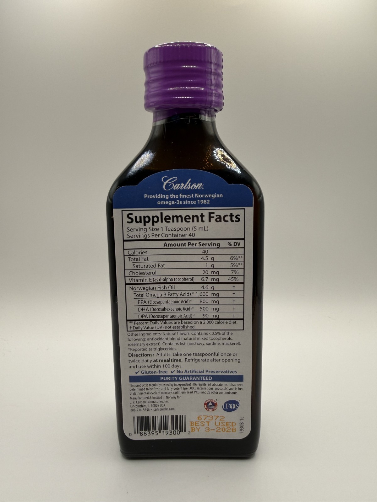 Carlson Norwegian Fish Oil 1600 mg Omega-3s Mixed Berry 6.7 fl. oz. 200 mL – New