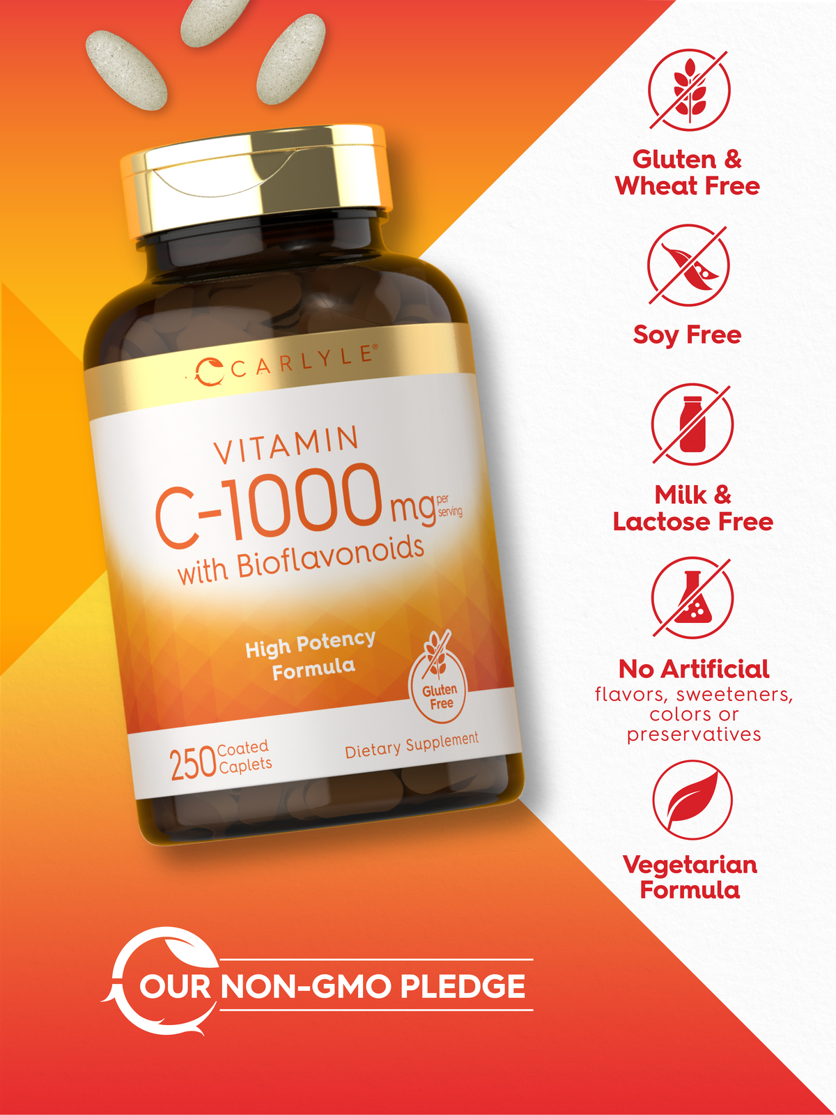 Vitamin C 1000mg with Bioflavonoids | 250 Caplets | with Rose Hips | by Carlyle