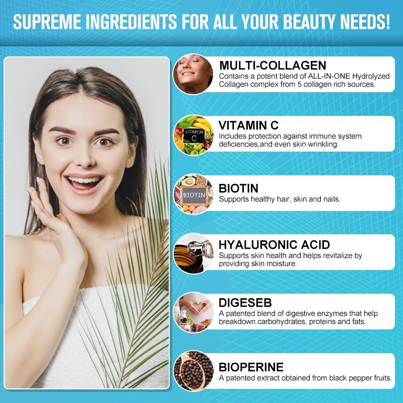 Collagen Peptides Types I, II, III, V, X 2000mg Pills Anti-Aging Skin Capsules