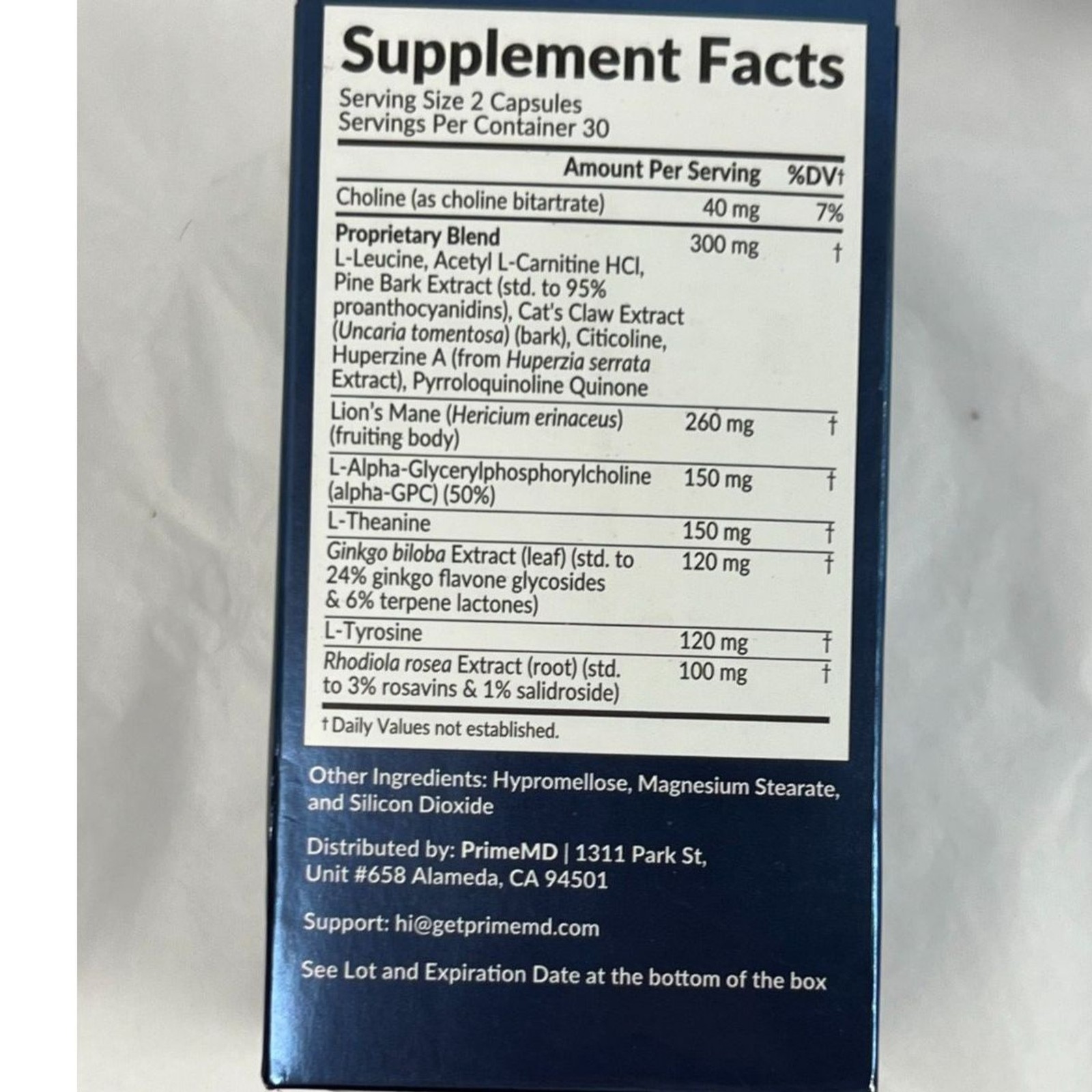 PrimeMD Brain Support Nootropic Lions Mane Ginkgo Biloba Alpha GPC Sealed/NIB