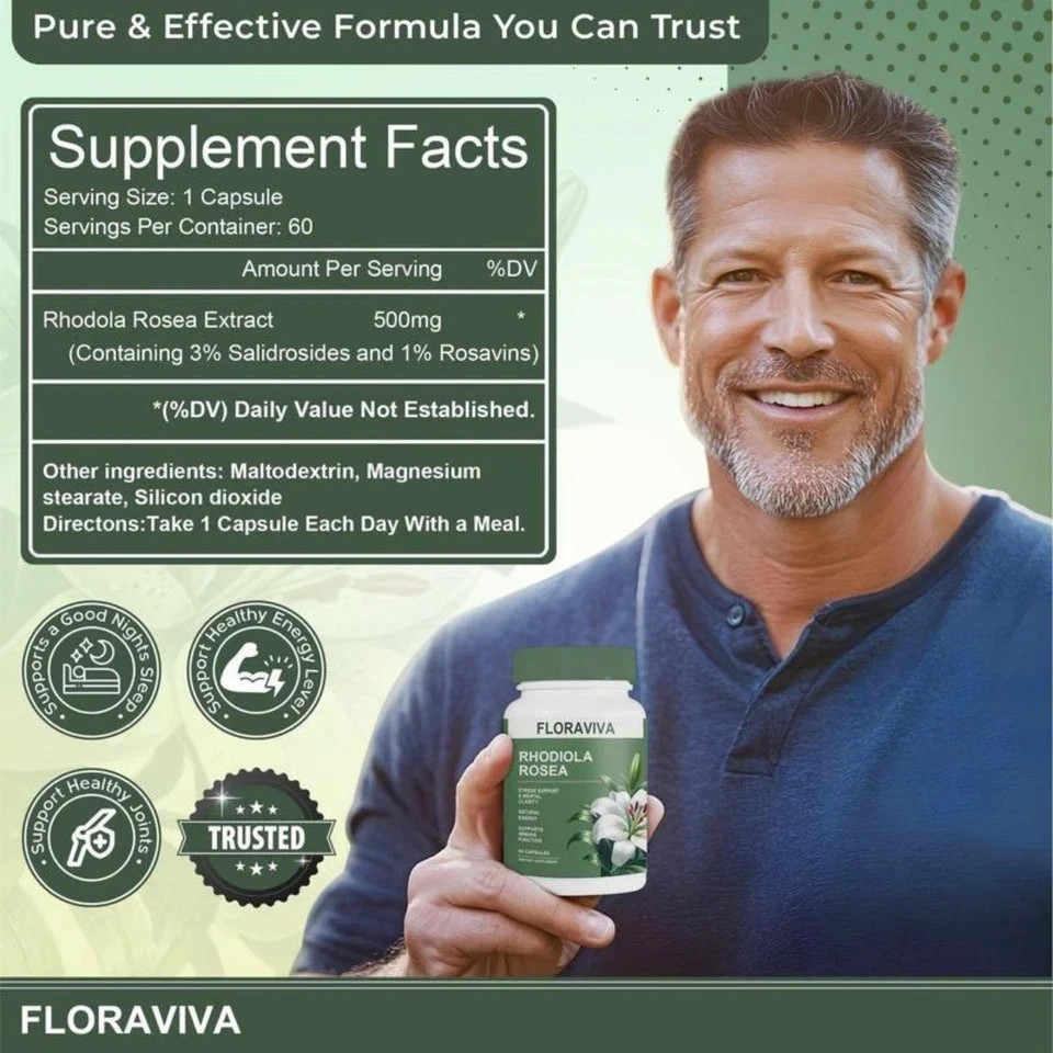 1-Pack Rhodiola Rosea Capsules – Floraviva for Energy, Focus, Mood