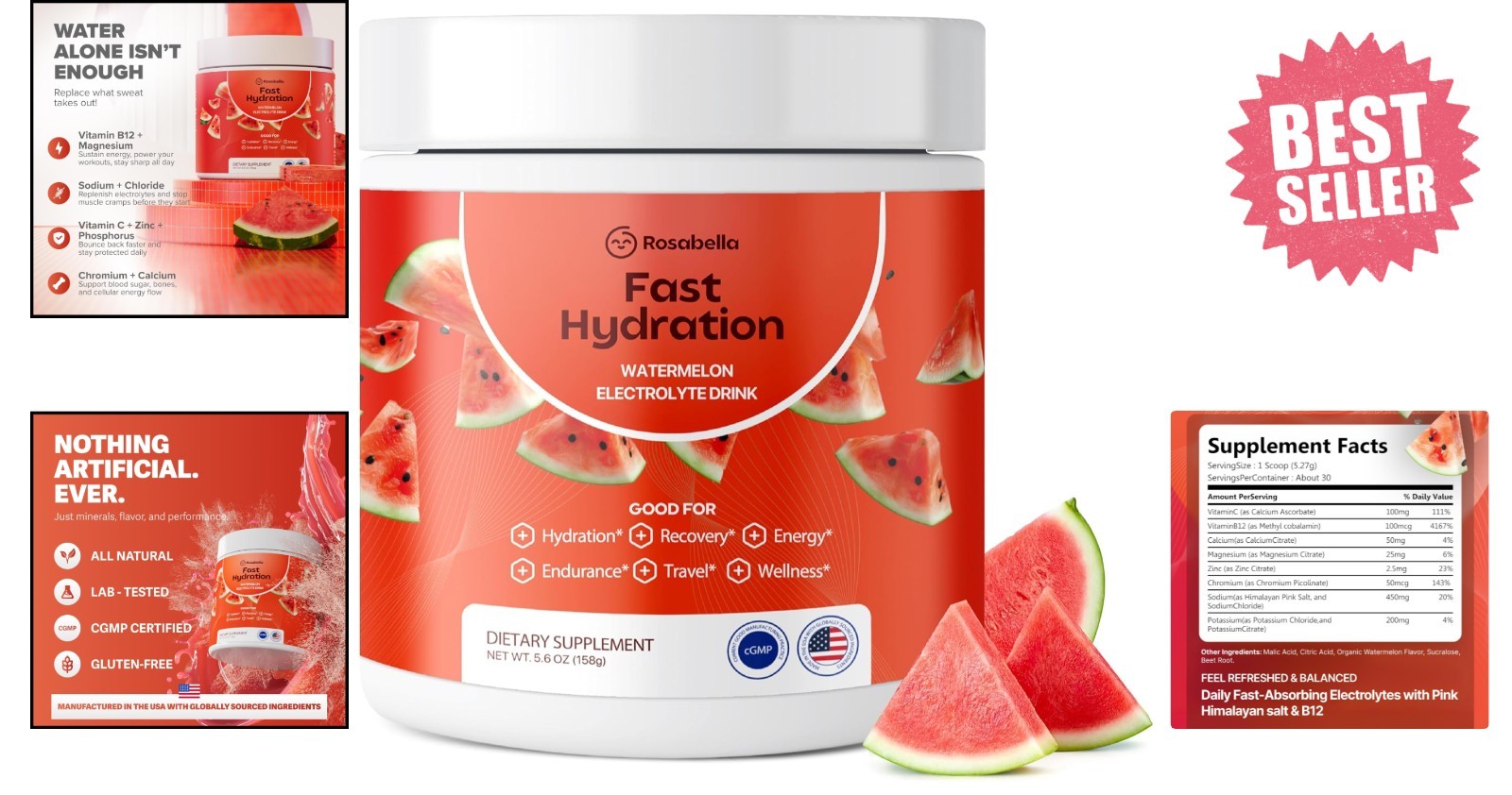 Natural Electrolyte Drink Powder – Easy Mix Watermelon – Non-GMO – 30 Servings