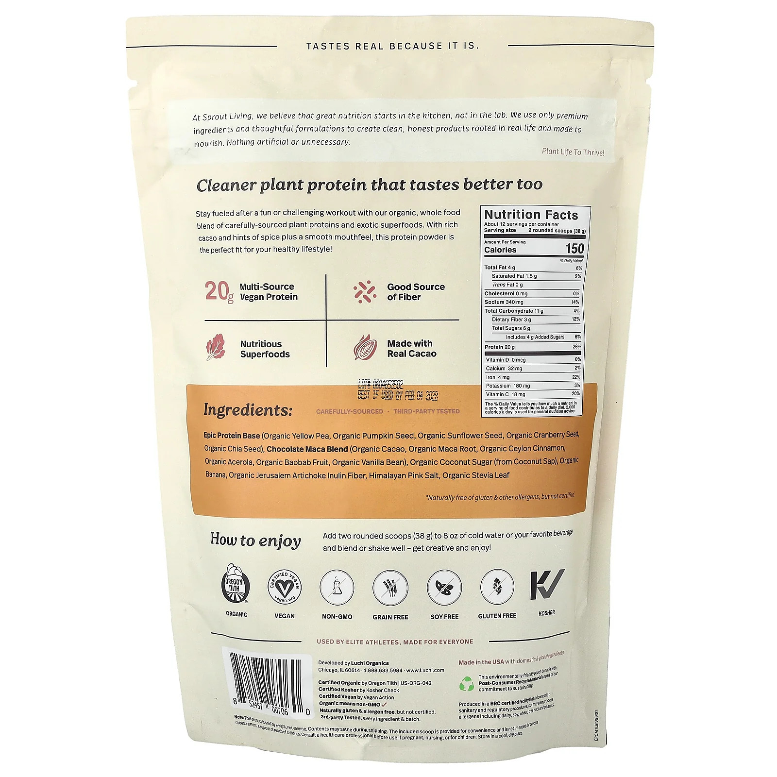 2 X Sprout Living, Epic Protein�, Organic Plant Protein + Superfoods, Chocolate