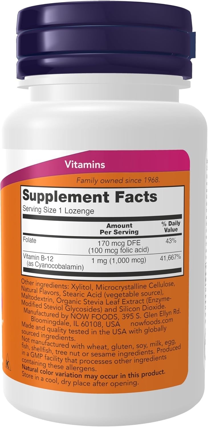 NOW Supplements Vitamin B-12 1,000 mcg with Folic Acid, Chewable, Unflavored