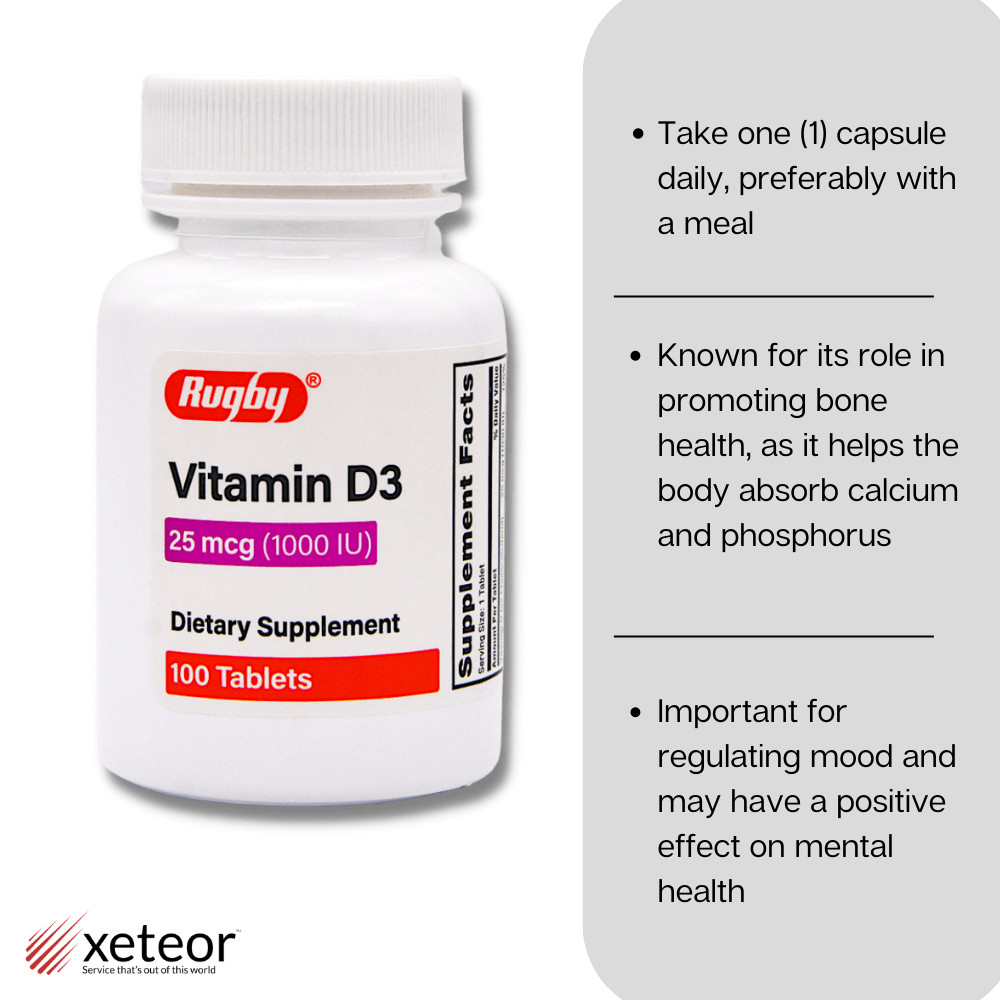 Rugby Vitamin D3 25 mcg (1000 IU) – 100 Tablets | Gluten Free (4-2026) – 2 Pack