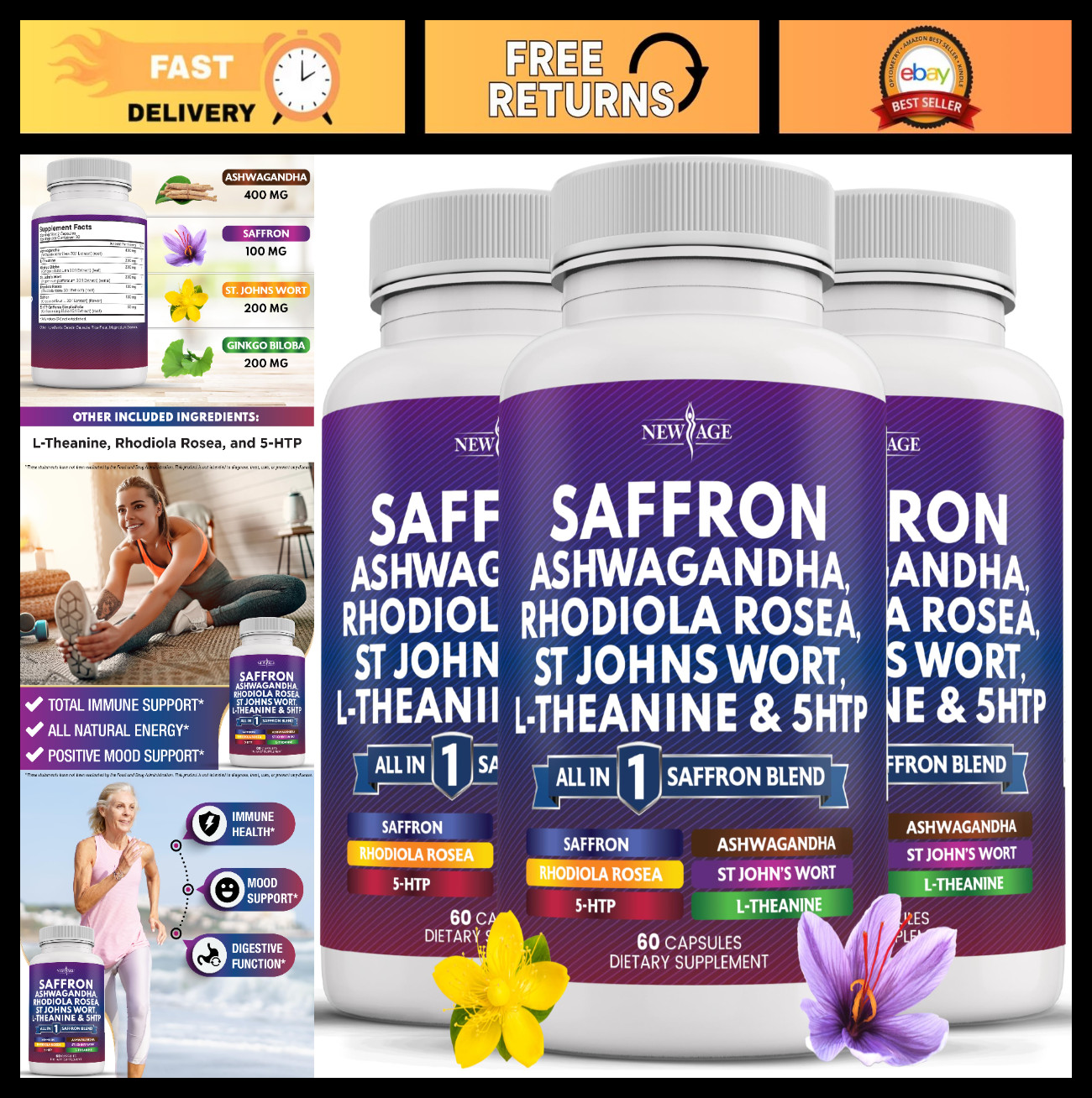 Saffron Supplements with Ashwagandha, L-Theanine, Ginkgo Biloba & 5-HTP – 180 Co