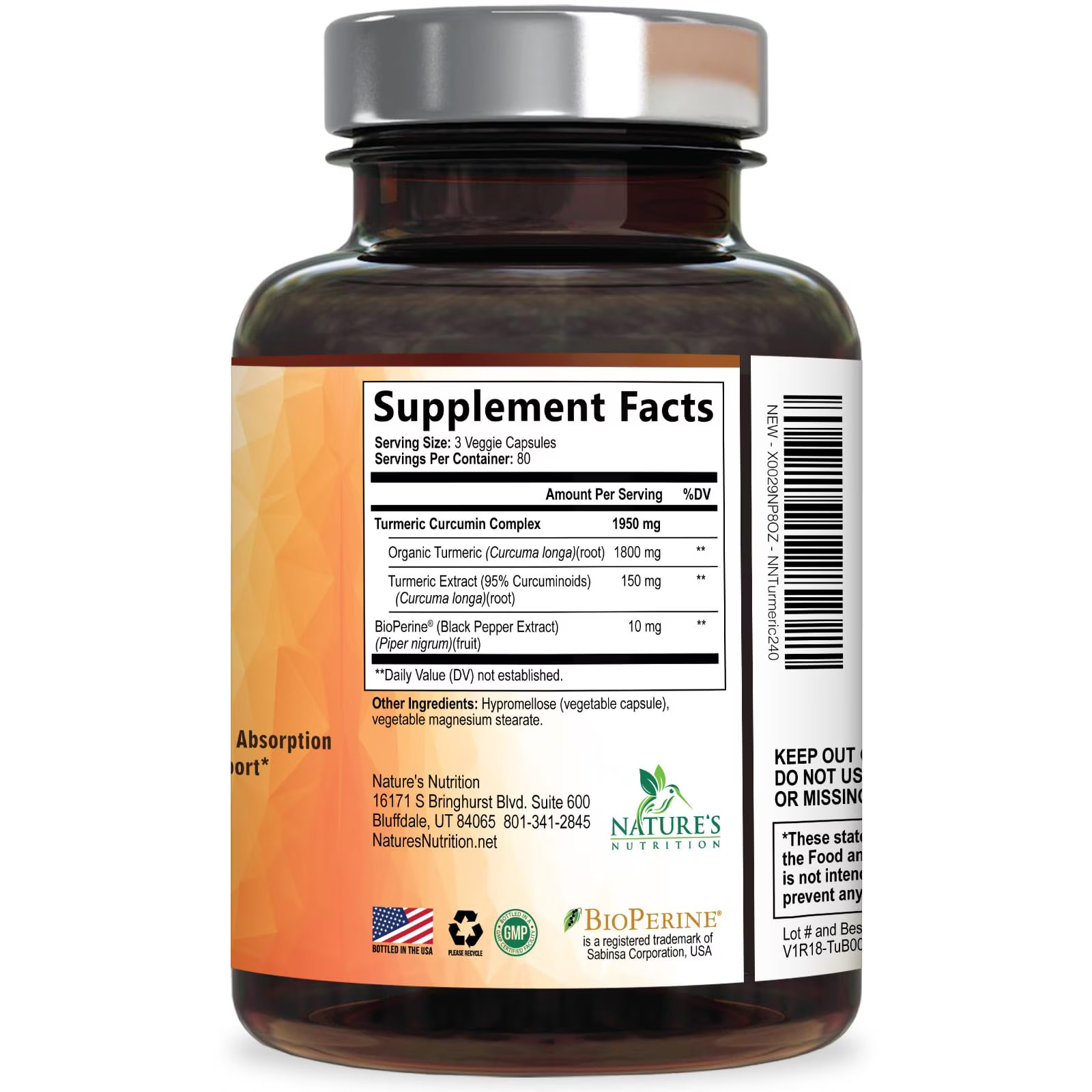 Turmeric Curcumin Supplement 95% Curcuminoids with BioPerine 240 Capsules