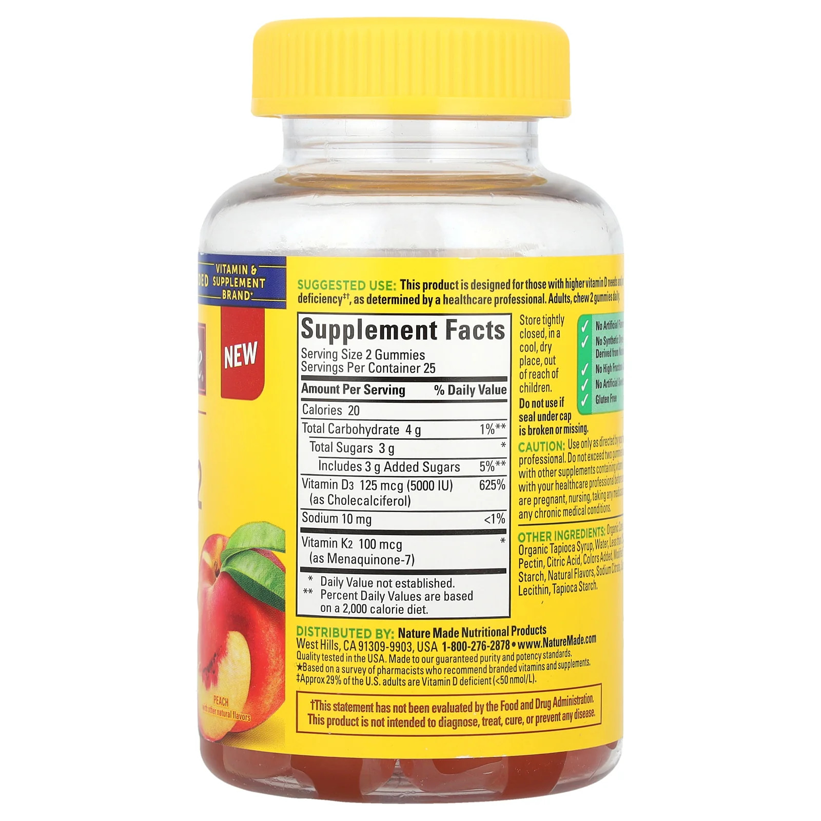 2 X Nature Made, Vitamin D3 + K2 Gummies, Peach, 50 Gummies