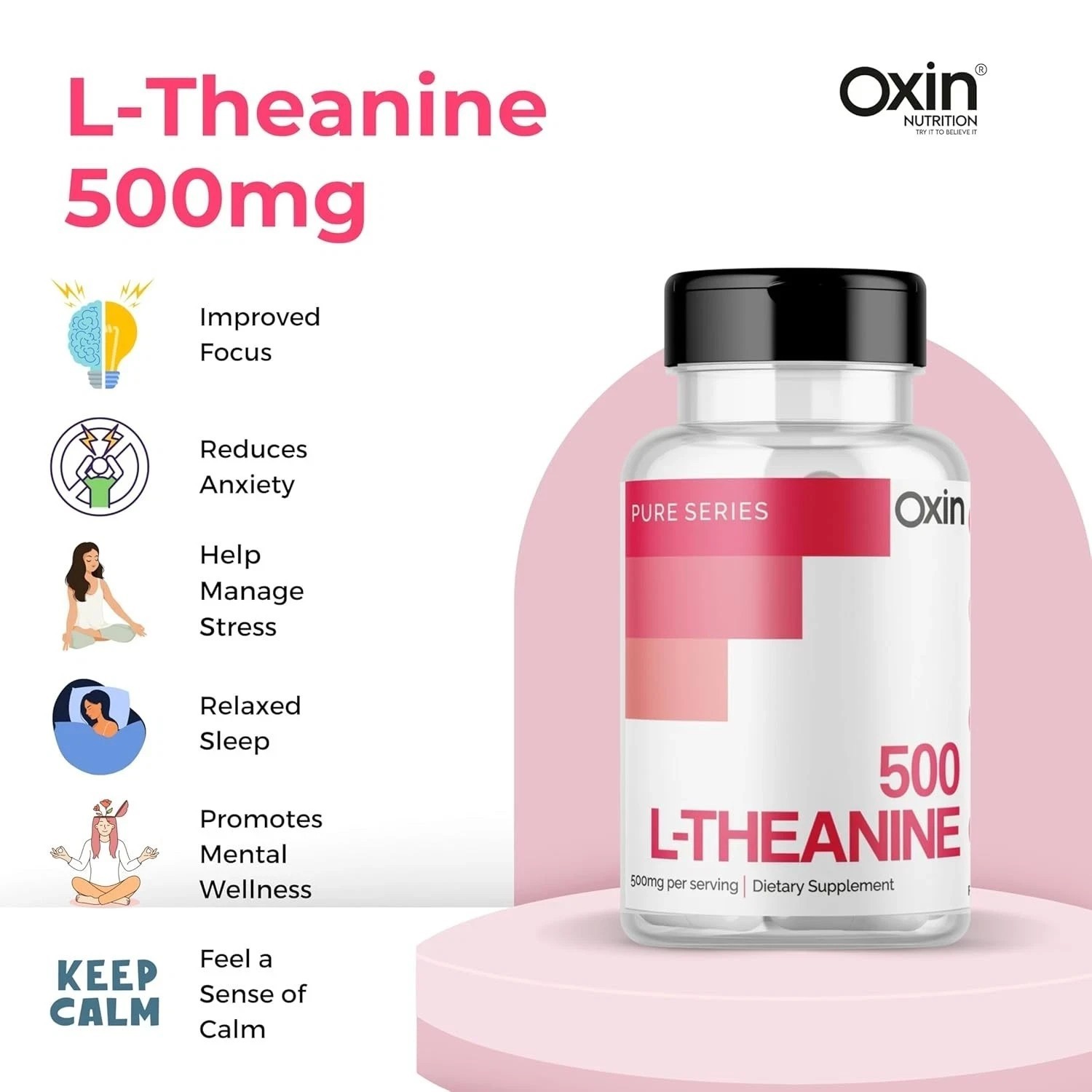 Oxin L Theanine 500mg Capsules Pure Series, 120 Capsules C837