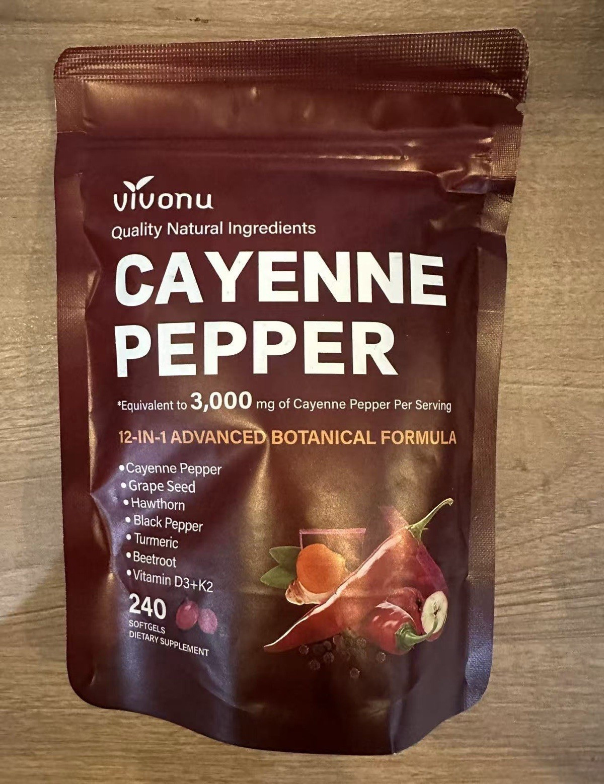 vivonu 12-in-1 Cayenne Pepper Softgels 240 w/ D3 K2 E & Grape Seed Oil