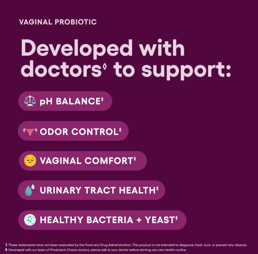 2 BOTTLES-Physician’s Choice Vaginal Probiotic 30Caps – pH Balance, Cranberry 6B