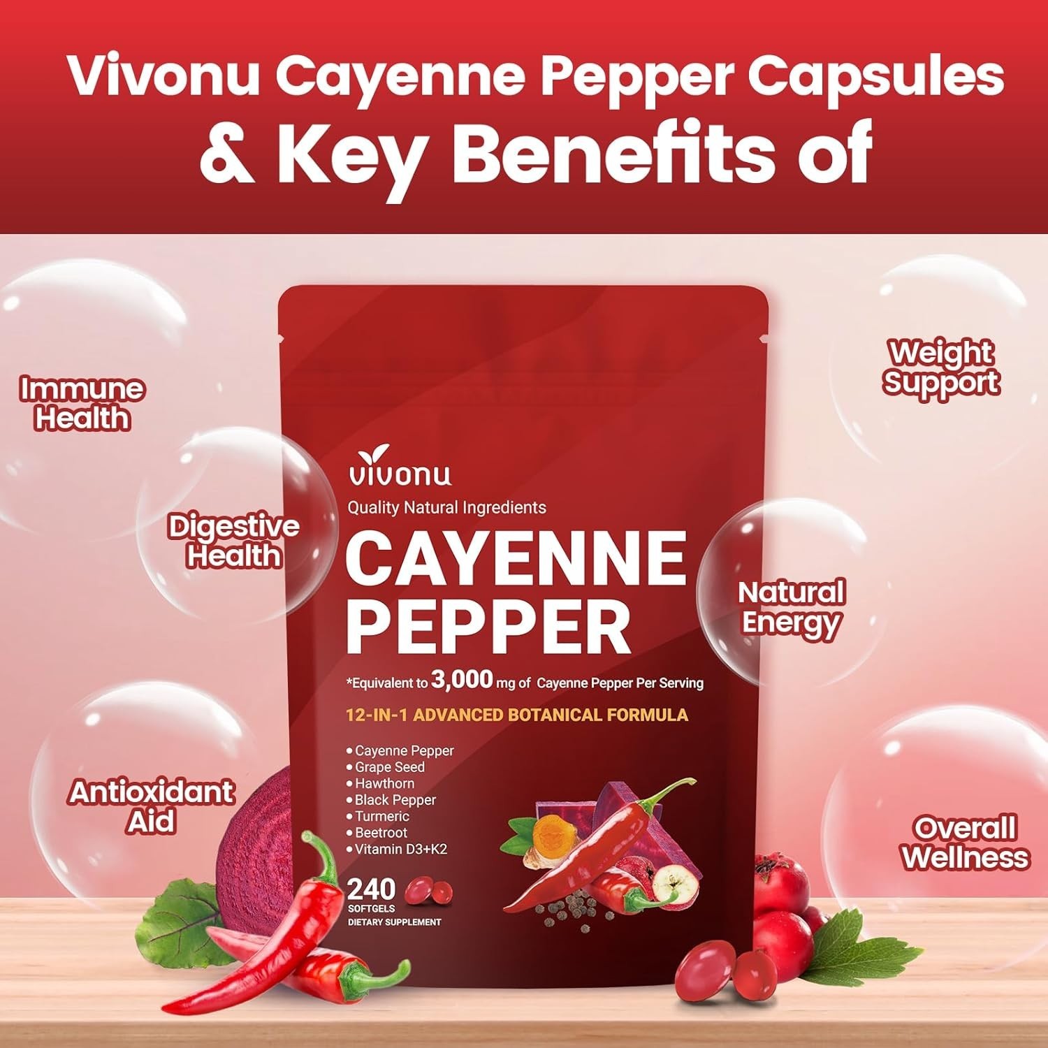 VivoNu Cayenne Pepper Softgels – 240 Capsules for Circulation & Heart Health