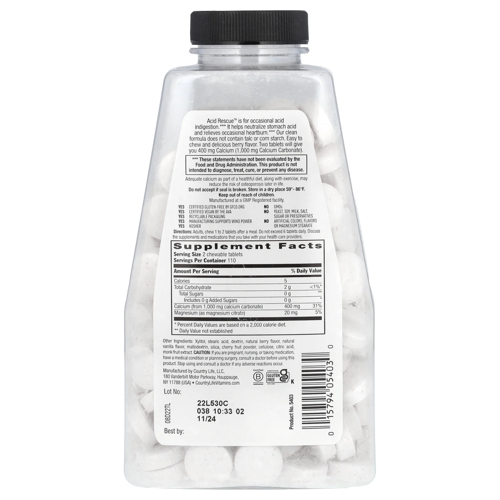 Acid Rescue, Calcium Carbonate, Berry, 1,000 mg , 220 Chewable Tablets (500 mg