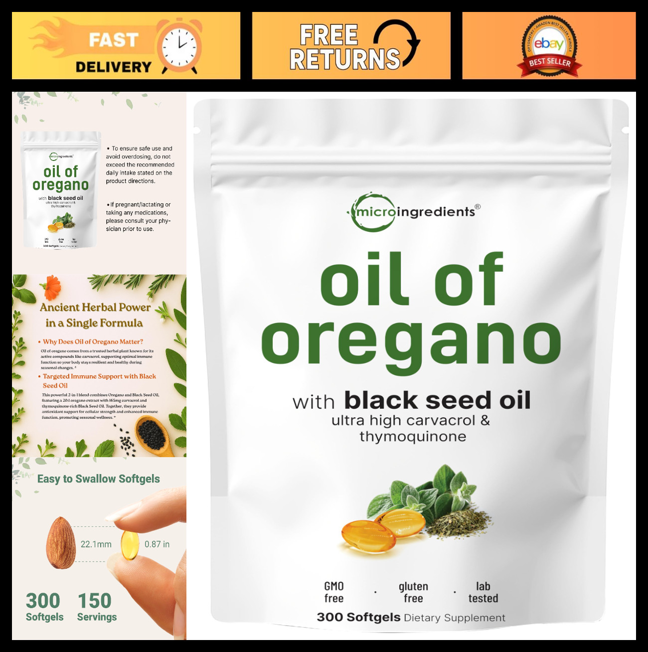 300 Count Oil of Oregano Softgels with Black Seed Oil | 4X Strength Carvacrol &