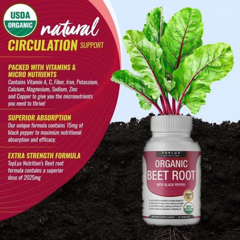 Toplux Organic Beet Root Tablets-Nitric Oxide Booster Beetroot Supplement 2040mg