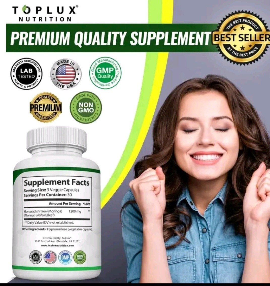Toplux Nutrition Moringa 1200mg 90 Capsules Vegan Non-GMO Gluten-Free