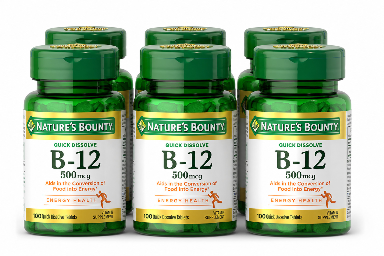 (6 PACK) Nature’s Bounty Vitamin B12, 500mcg, 100 Tablets, FREE SHIPPING.