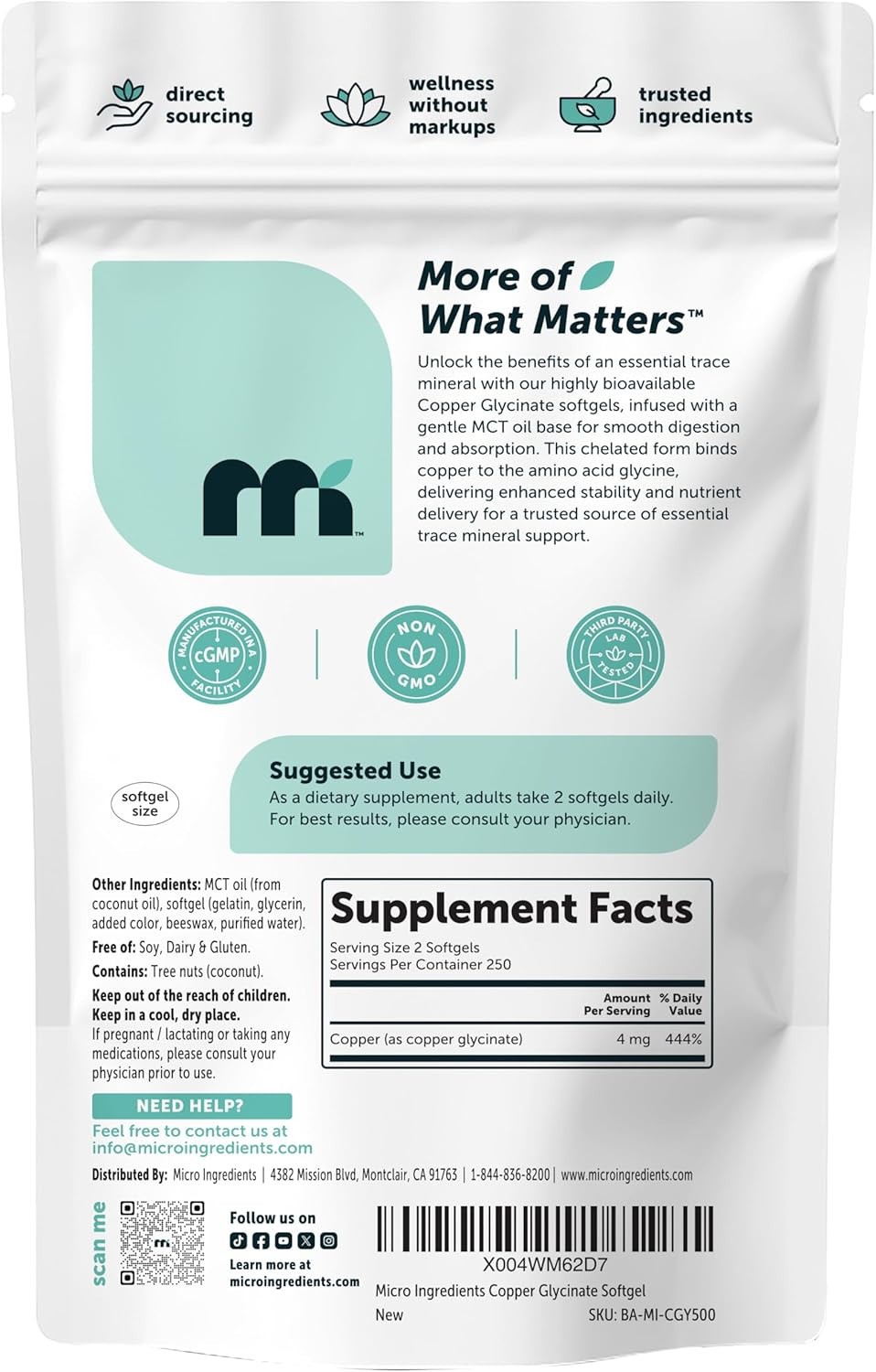 Copper Glycinate with MCT Oil, 500 Softgels | 4 mg Elemental Copper Per Serving
