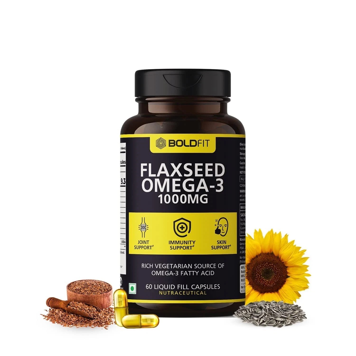 Boldfit Flaxseed Oil Capsules 1000mg with Omega 3 Supports Skin 60 Veg caps J737
