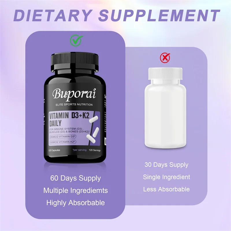 Vitamin D3 + K2 120pcs, Promote Absorption,Muscle Strength,Increase Bone Density