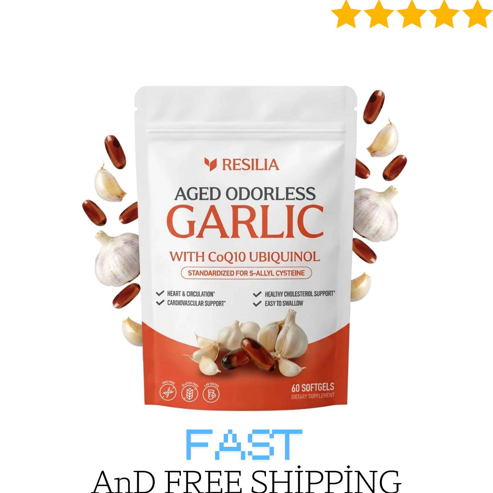 Resilia Garlic Extract 1200mg Softgels (60 Count) – Odorless Aged Garlic Extra..