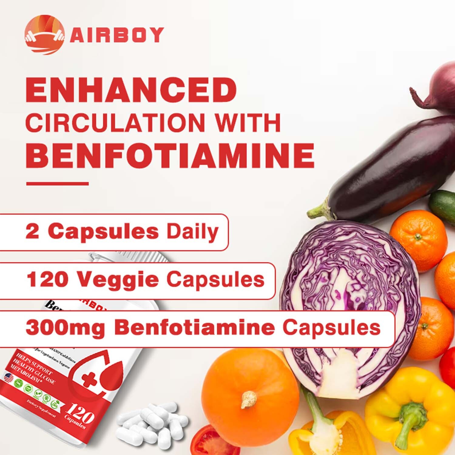 Benfotiamine Caps 300mg – Supports Blood Sugar, Non-GMO,Gluten-Free – L-lecucine