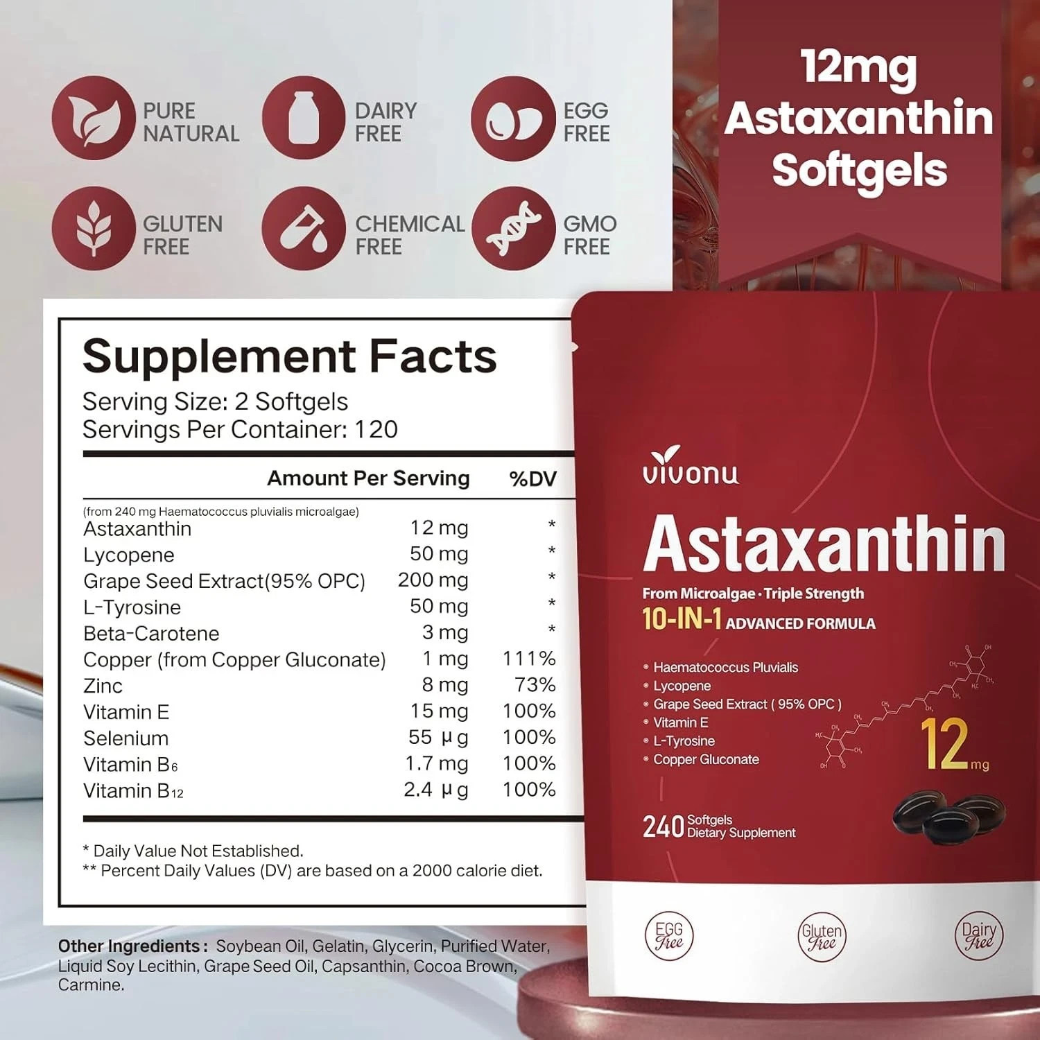 10 in 1 Astaxanthin 12mg 240 Softgels | 240-Day Supply 240 Count (Pack of 1)
