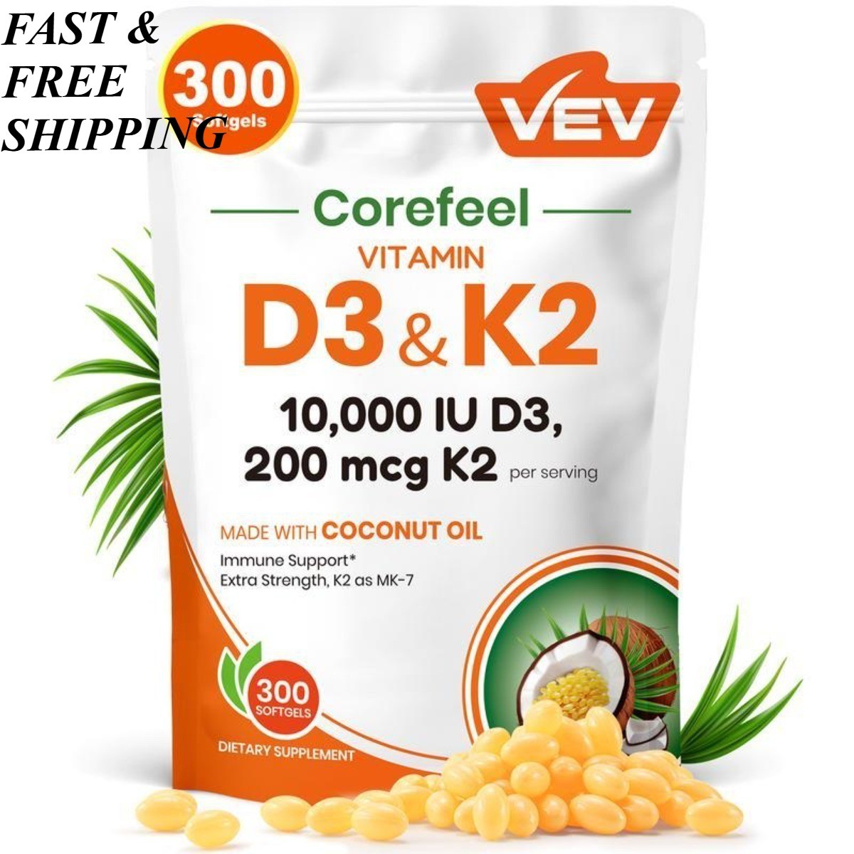 2 PACKS-NEW VEV Vitamin D3 K2 10000 IU, 300 Coconut Oil Softgels, 2-in-1 D&K