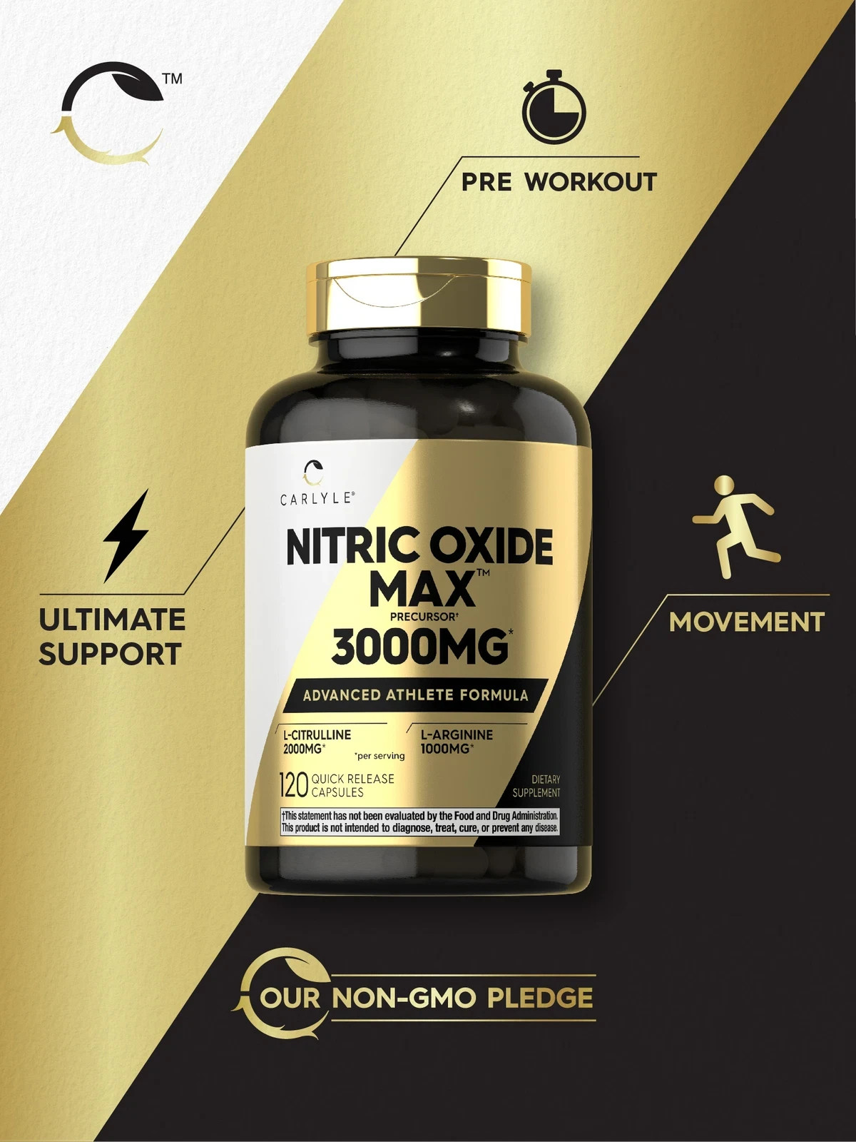 Carlyle Nitric Oxide Capsules 3000mg Pre Workout Supplement 120 Count