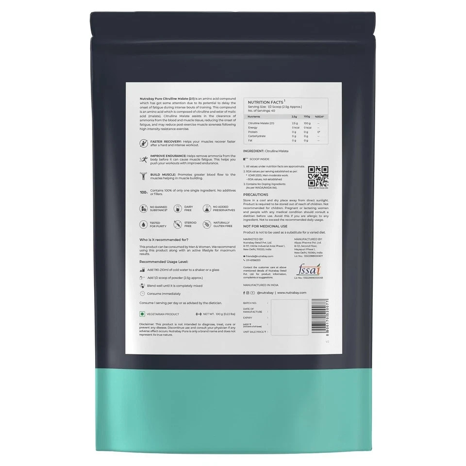 Nutrabay Pure 100% Citrulline Malate Powder For Men Women 2500mg per Serv 100g