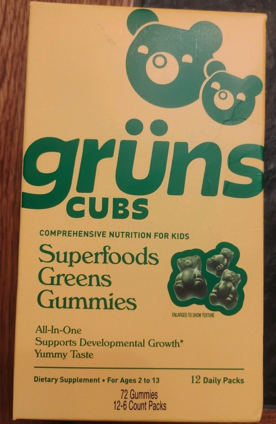 Gruns Cubs Kids Vitamins, Greens Gummies, 72 Ct, 12 Daily Packs. Exp.09/2026