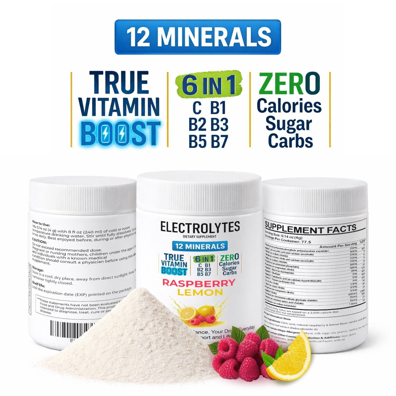 Electrolyte Complex Hydration Powder | 12 Minerals + 6 Vitamins Raspberry Lemon