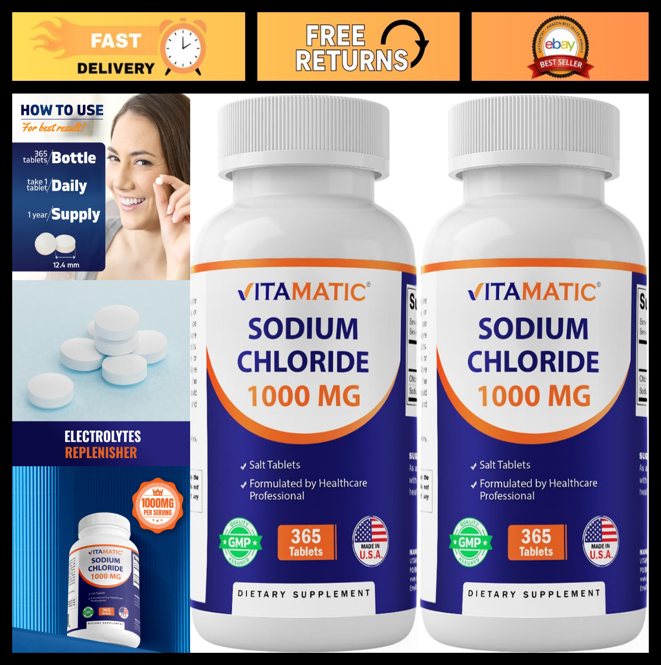 Sodium Chloride 1000mg – 365 Tablets (2 Bottles) Electrolyte Replenisher, Hydrat