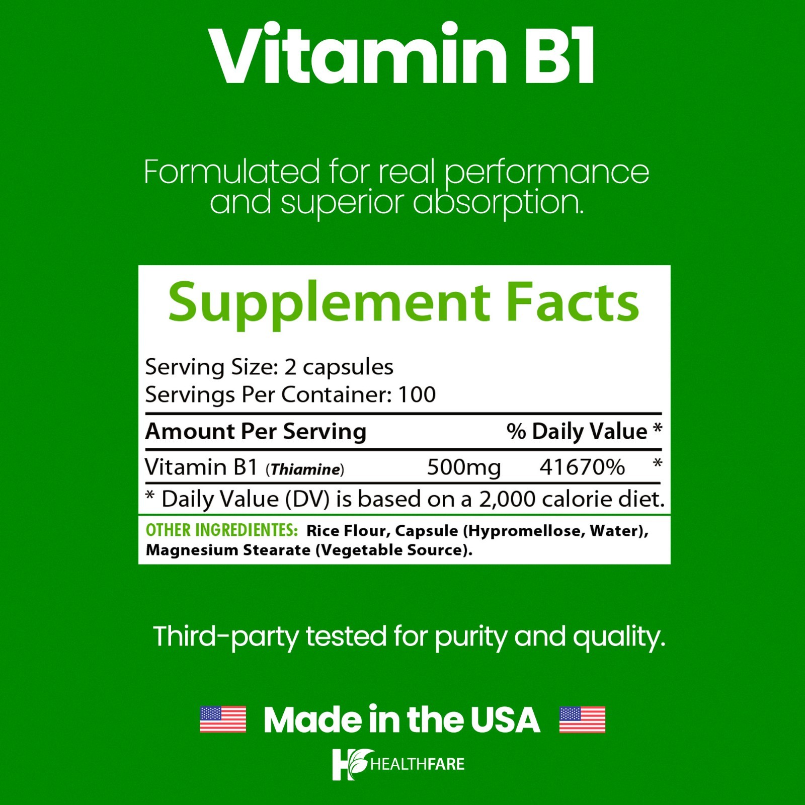 Healthfare Vitamin B1 500mg 200 Vegan Capsule Thiamine Supplement Overall Health