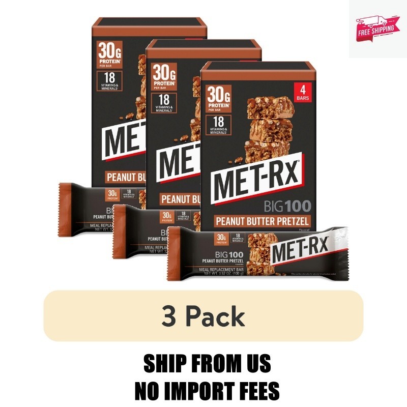 (3 pack) MET-Rx Big 100 High Protein Meal Replacement Bars, Peanut Butter Pretze