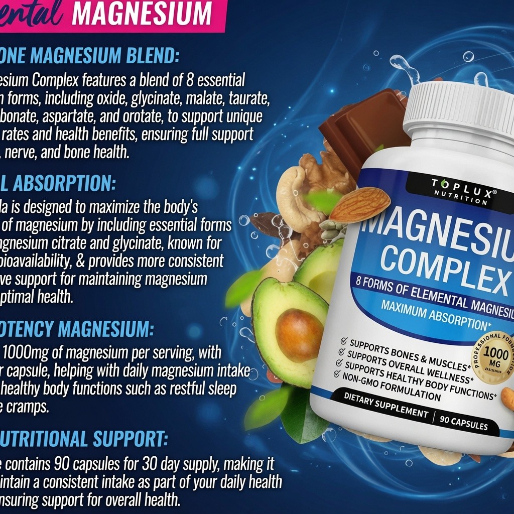 Toplux Nutrition Magnesium 1000mg 8 Types Bones Immune Sleep 90 Caps