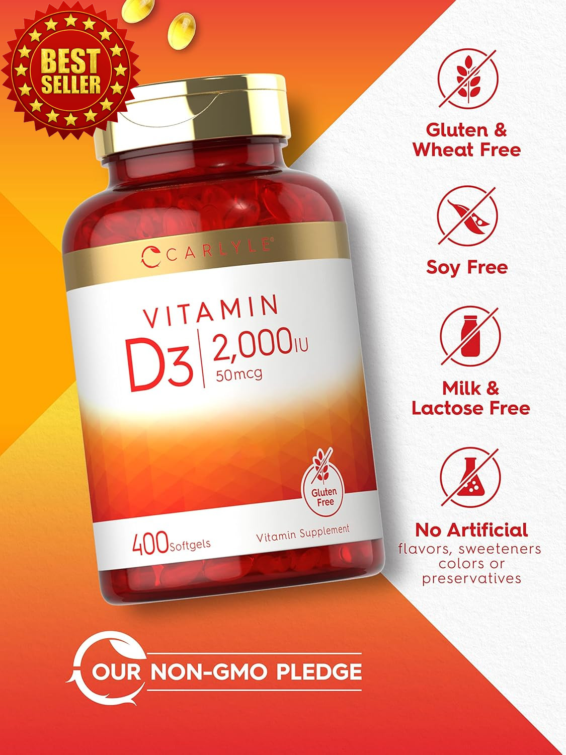 Carlyle Vitamin D3 Softgels 2000IU 50 Mcg 400 Count Non-gmo Gluten Free